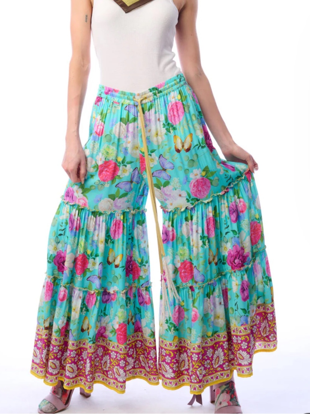98D.NWT Aratta Serenity Springs Pants Boho Wide-Leg Floral Tiered Pants $180